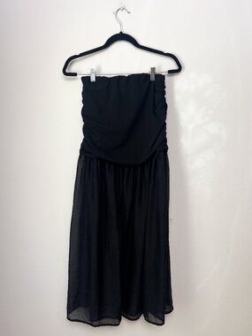 Strapless Black Dress: Sheer Hem Tunic Top Ruched Size M Flowy Dark Romantic